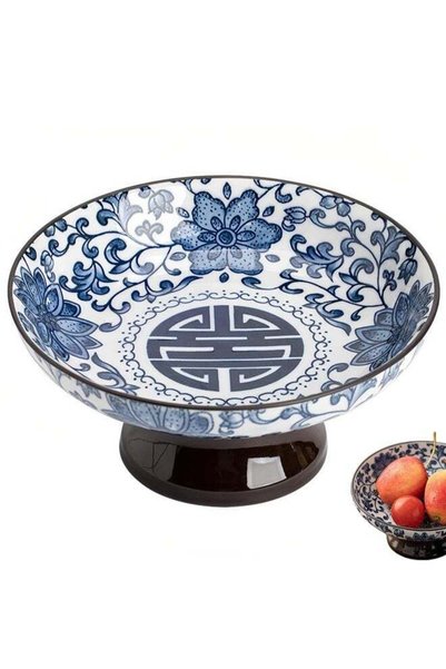 ShebSheb Vintage Blue and White Porcelain Tea Pastry Tray - Footed Fruit Plat...