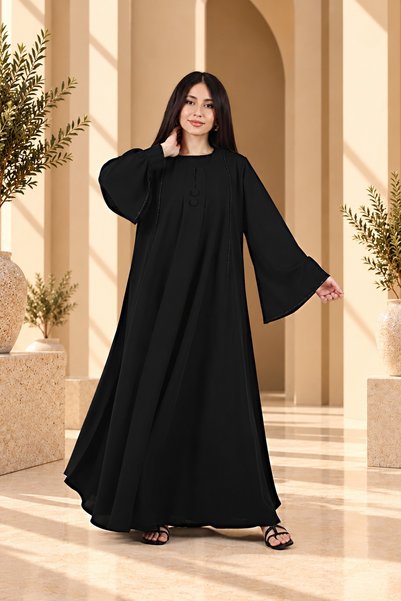 Abayat Lareen Blackberry Cloche Black Abaya with Wide Sleeves with Veil