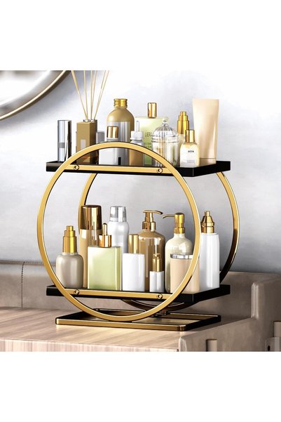 Yelajoy منظم عطور من طبقتين لطاولة الزينة، حامل عطور ومكياج باللون الأسود وال...