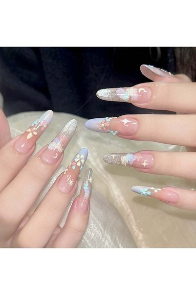 NAIL 10 Pieces Monet's Garden Sweet Flower False Nails Wearable Nails, Medium...