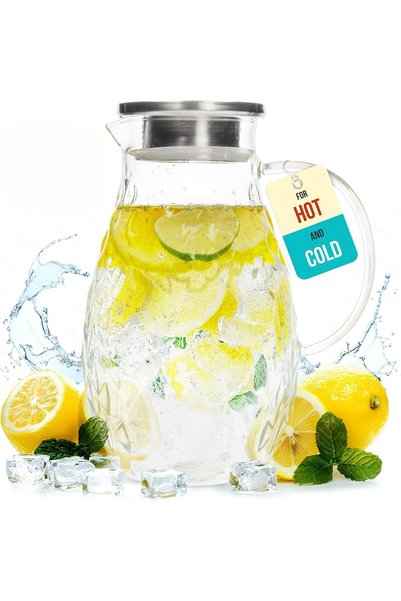 THE WHITE SHOP إبريق زجاجي بغطاء وفوهة، سعة 74 أونصة، مصنوع من زجاج البوروسيل...