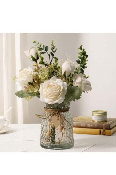 DUNISO Fake Flowers, Silk Roses Artificial Flowers, White Faux Flower Arrange...