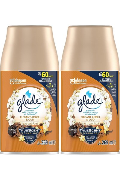 Glade حامل بخاخ أوتوماتيكي مع معطر هواء أنيق برائحة العنبر والعود، يوفر رائحة...