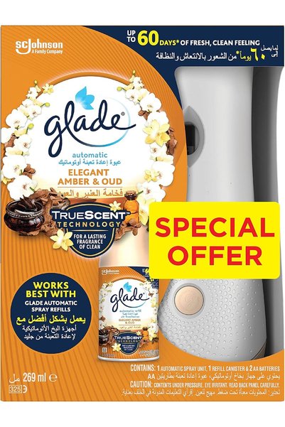 Glade حامل بخاخ أوتوماتيكي مع معطر هواء برائحة العنبر والعود، يوفر رائحة منعش...