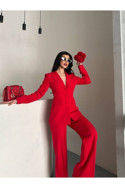 ORSELIA Kadın Blazer Ceket Pantolon Takım Düğmeli Şık Klasik Kesim İkili Takım