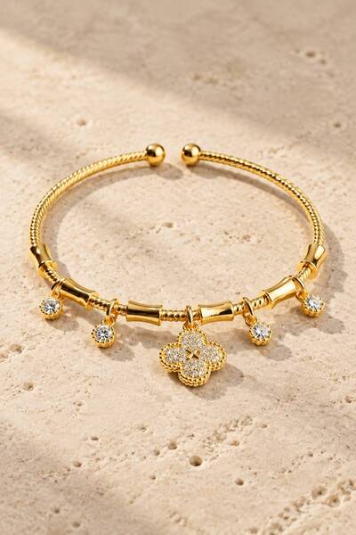 LYKOS Women's Gold-Colored Clover Charm Cuff Bracelet with Zircon Stones (Shi...