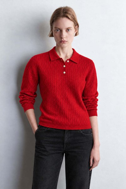 UNIQVIBE Women's Red Knitted Polo Collar Sweater Made of Lambswool