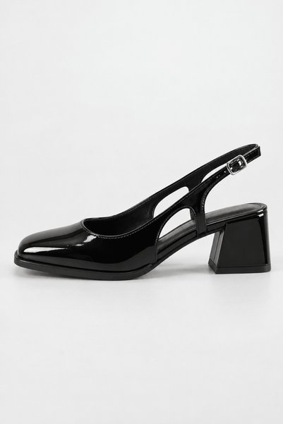 Hepsi Moda Square Toe, Open Back, Patent Leather, Chunky-Heeled Shoes - Black