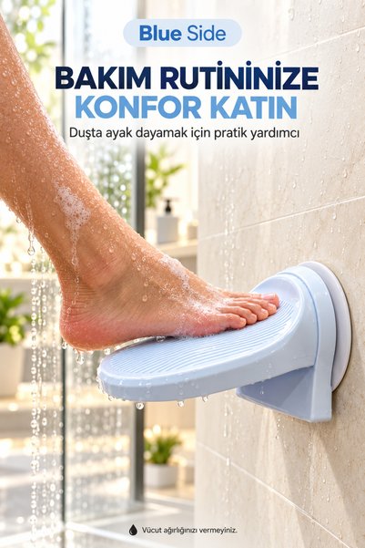 BLUE SİDE 1 Adet Vakumlu Duş Ayak Dayama Aparatı Vantuzlu Banyo Ayaklığı Çizgili Yüzey Mavi