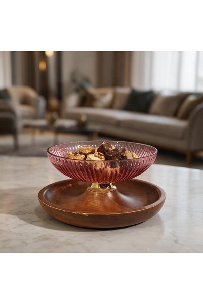 Generic Brand صحن هندى خشب مع زجاج وردى