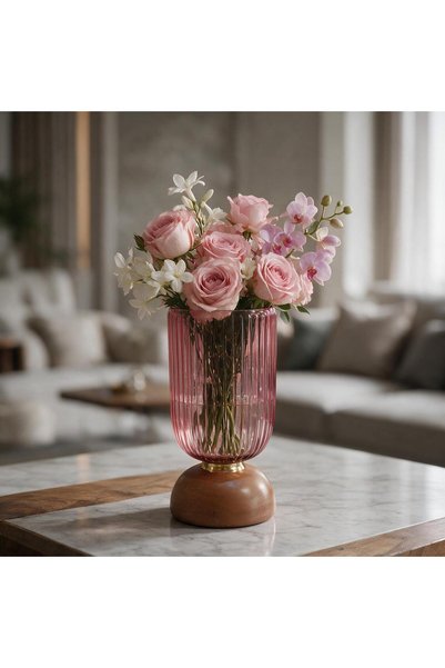 Generic Brand Pink Glass Vase with a Wooden Base.