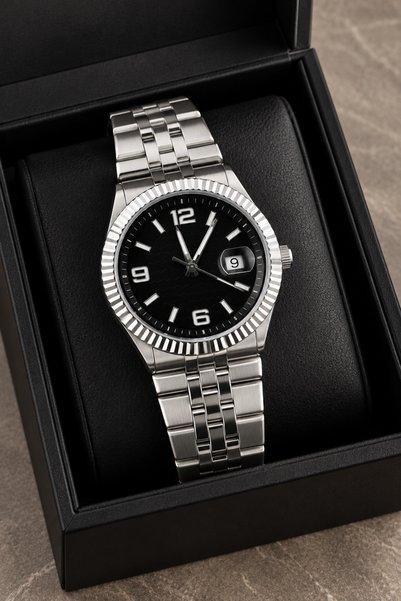 Arzu Butik Men's Wristwatch: Silver-Toned, Steel Strap, Black Dial, Calendar,...