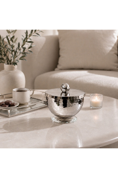 ELEGANT HOME Silver Serving Bowl with an Acrylic Base and Lid, Size 10*8 Cm.