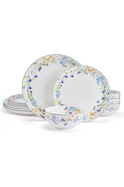 MIKASA Quinn Lightweight Bone China 12 Piece Dinnerware Plate Bowl Set, Servi...