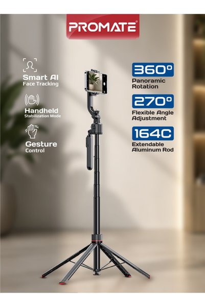 Promate Smart AI Selfie Stick Tripod with Auto Pop-Up Quadripod, Face Trackin...