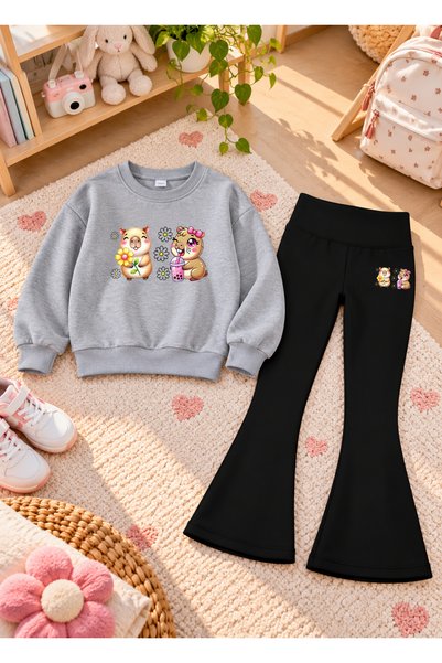 LORVEX Girls' Flared Leggings Set with Printed Crew Neck Sweatshirt—3-Ply Bru...