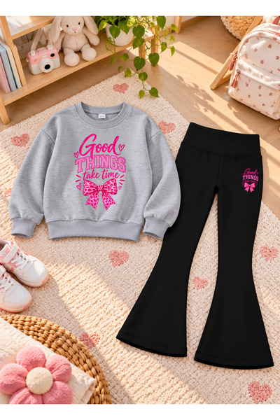 VODEXA Girls' Flared Leggings Set with Crew Neck Printed Sweatshirt—3-Ply Bru...