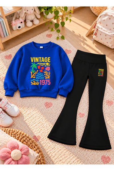 VODEXA Girls' Flared Leggings Set with Crew Neck Printed Sweatshirt—3-Ply Bru...