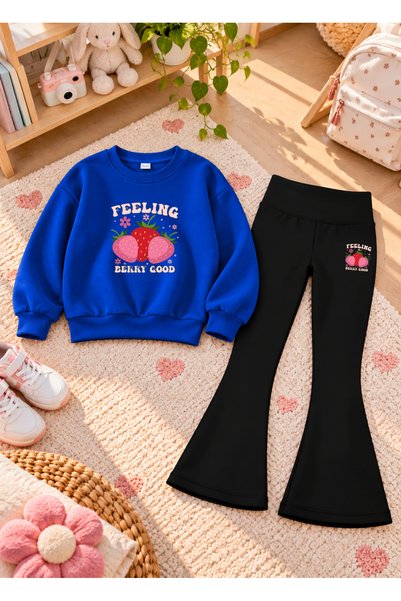 VODEXA Girls' Flared Leggings Set with Crew Neck Printed Sweatshirt—3-Ply Bru...
