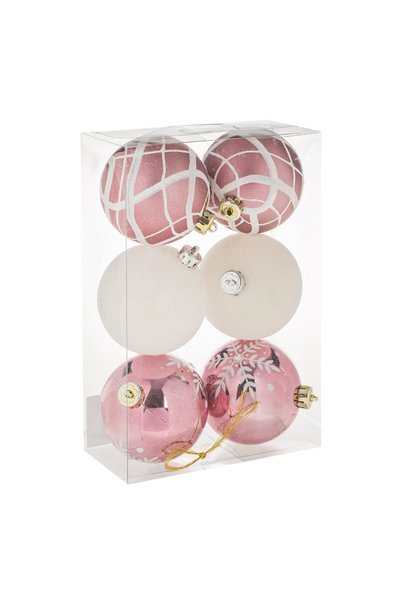 DD SHOP Set Globuri de Craciun Roz Gold cu Fulgi Albi Dungi Glitter Ø8cm - 6buc