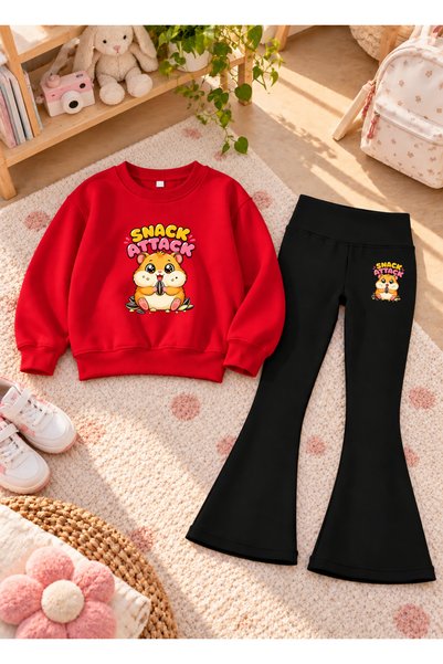 LORVEX Girls' Flared Leggings Set with Printed Crew Neck Sweatshirt—3-Ply Bru...