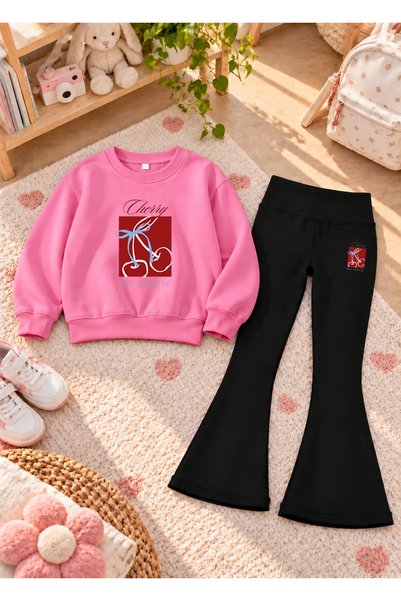 VODEXA Girls' Flared Leggings Set with Crew Neck Printed Sweatshirt—3-Ply Bru...