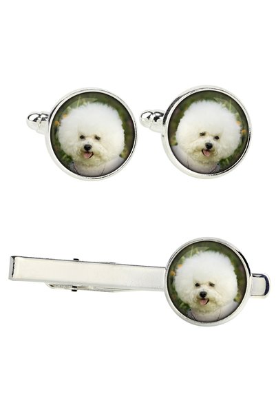 Art - Dog Art-Dog Bichon Frise - Set de butoni și agrafă de cravată cu fotogr...