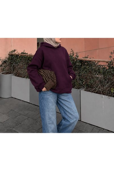 Hepsi Moda Hooded Sweatshirt with Kangaroo Pocket - 5949 - Eggplant Purple (ÖS)