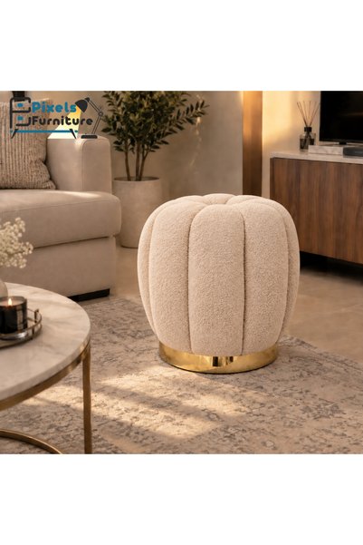 PixelsFurniture مقعد بوف بتصميم هندسي دائري قماش بوكليه من بكسل, لون بيج