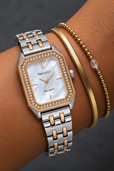 Ferrucci Milano Women's Silver Rose Gold Metal Strap, White Dial, Gem-Set Rec...