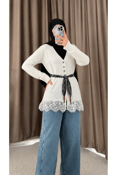 Hepsi Moda V-Neck Cardigan with Collar Detail - 8334 - Ecru (ÖS)