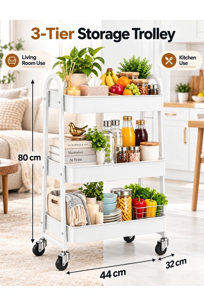 F.A.M.S 3-Tier Rolling Storage Trolley Cart with Wheels, Heavy Duty Metal Uti...