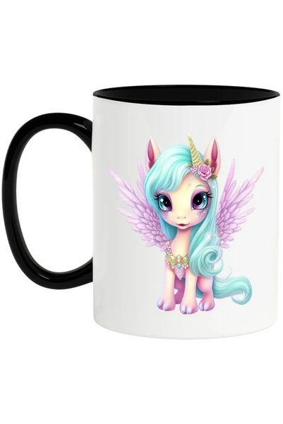 INOVATIX Cana cu un unicorn timid, ilustratie coama lunga verde, Cu Maner Neg...