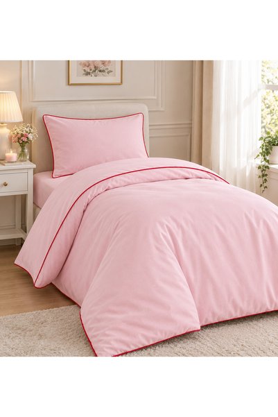calinahome Powder Pink and Red-Piped Single Duvet Cover Set (100% Cotton)