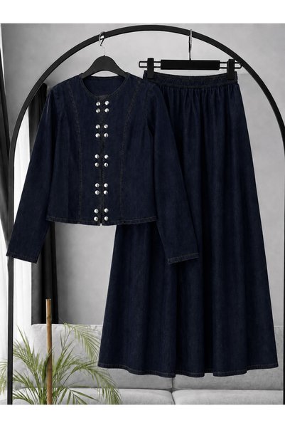 Hepsi Moda Denim Set with Skirt and Snap-Fastened Details - Navy Blue