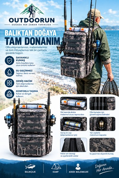 Outdoorun 70 Litre Çok Bölmeli Su Geçirmez Kamp ve Balıkçı Olta Taşınabilir Sırt Çantası - Gri Kamuflaj