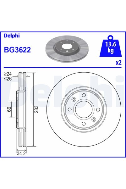 DELPHİ Спирачен диск BG3622, комплект от 2 бр.