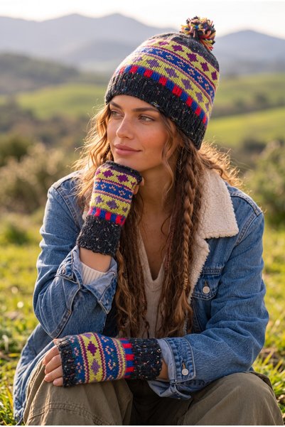 Bohoyasam Women's Hand-Knitted Pom-Pom Beanie and Fingerless Glove Set – Wint...