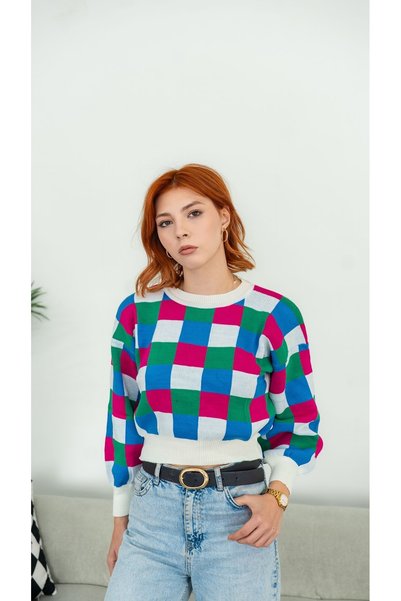ixoskids club Women's Blue, Fuchsia, and Green Checked Crew Neck Knit Sweater