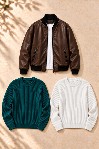 legends butik Set de 3 piese pentru bărbați – Jachetă bomber din piele cu dou...