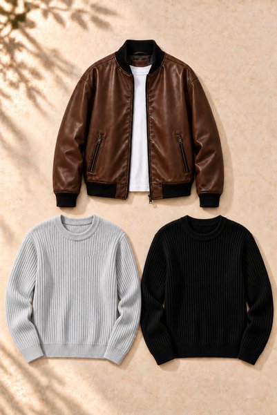 legends butik Set de 3 piese pentru bărbați – Jachetă bomber din piele cu dou...