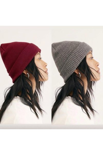 TNR SPORT Unisex Foldable Gray-Burgundy Two-Piece Beanie Set
