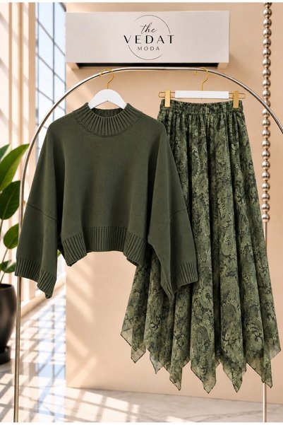 MODA VEDAT Kadın Oversize Triko Bluz - Asimetrik Kesim Tül Etekli Takım -0630...