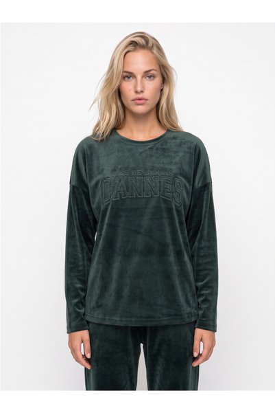 PİJAMANGEL WOMEN'S LONG-SLEEVED VELVET PAJAMA SET, STRAIGHT-LEG, GREEN