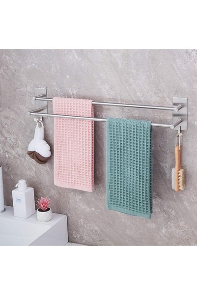 JSB JS Bathroom Towel Bar Self Adhesive Towel Holder Black Double Rod with 2 ...