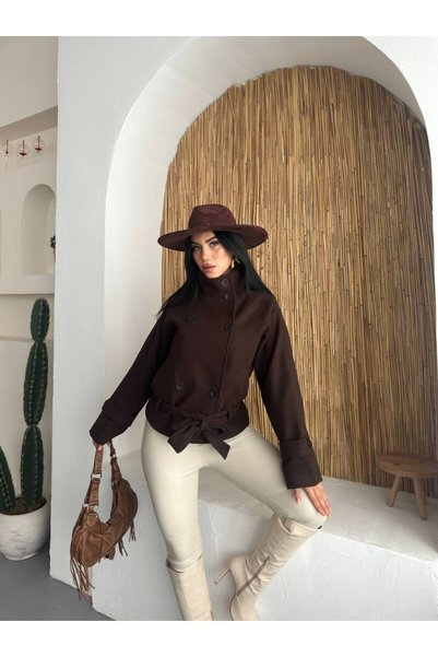 Bella Breeze Women's Double-Buttoned Mock Neck Belted Short Melton Coat