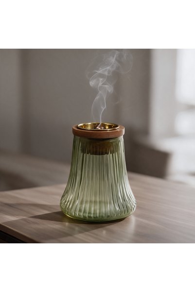 Generic Brand Hindi Green Olive Glass Incense Burner with Wood