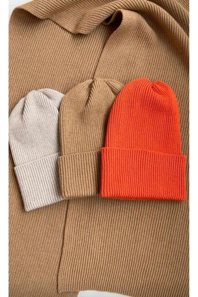 TNR SPORT Unisex Foldable Crepe-Brown-Orange 3-Piece Beanie Set