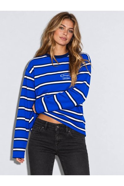 LOVES AGAZA Women's 100% Cotton Striped Long-Sleeve Cobalt T-shirt