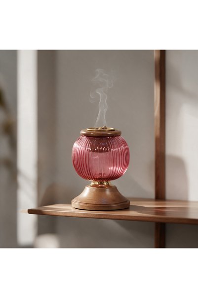 Generic Brand Hindi Glass Pink Incense Burner with Wooden Base